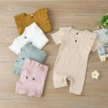 

Summer Baby Romper Solid Color Round Neck Short Sleeve Jumpsuit Bodysuit
