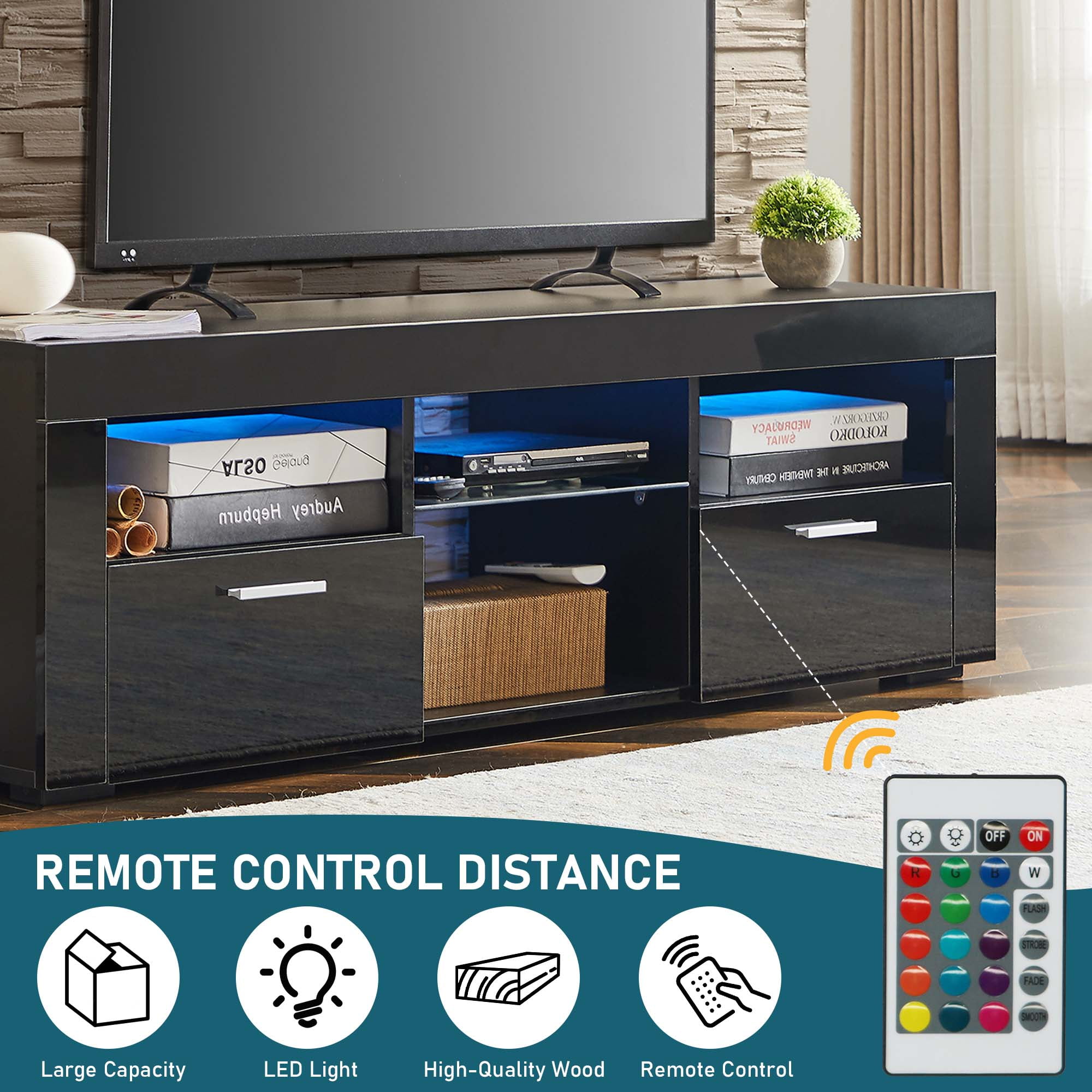 Aukfa Modern LED TV Stand for 55 inch TV, High Gloss TV Cabinet for Living Room - Black