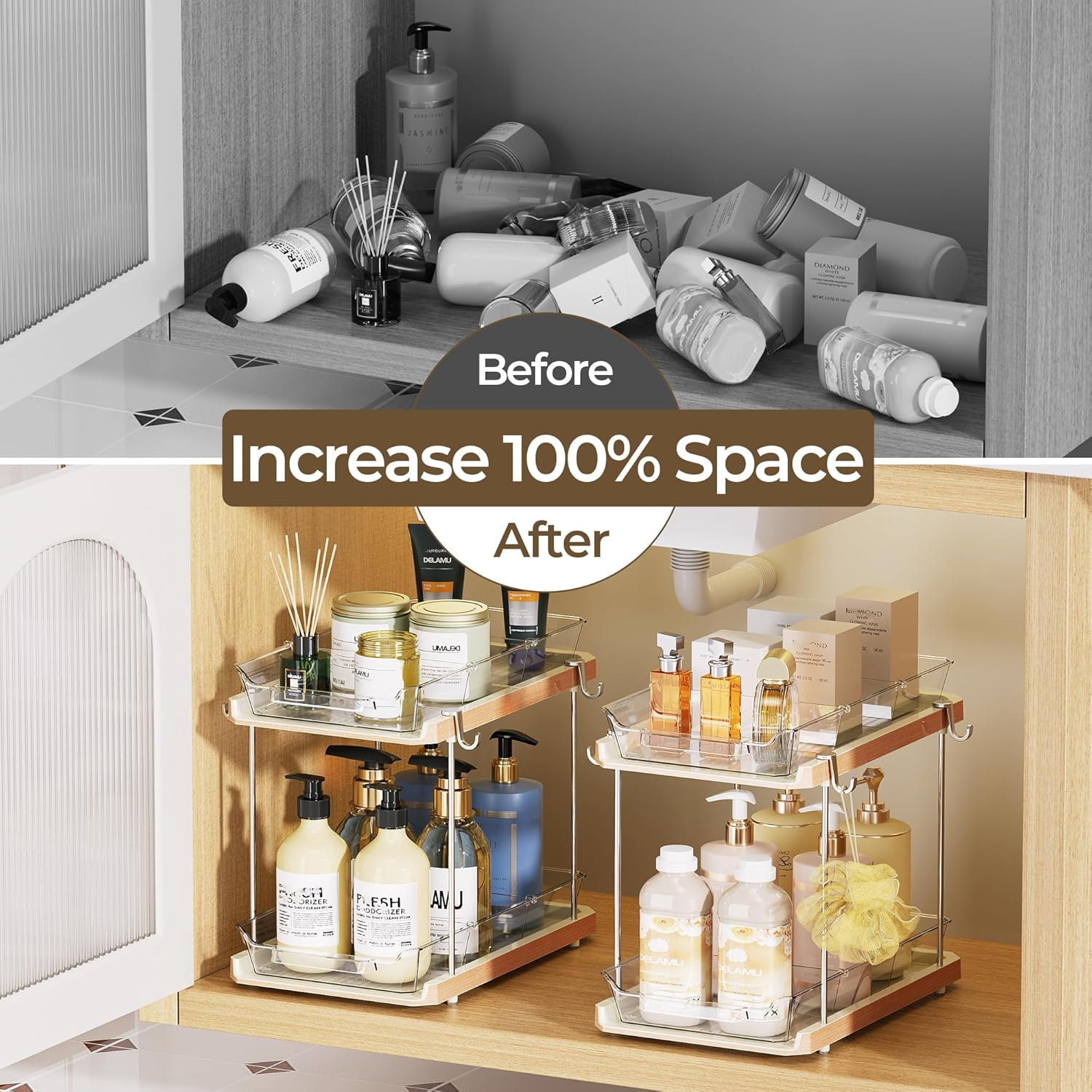 2 Tier Bathroom Under Sink Organizers and Storage with Hook, Multi-Purpose Cabinet Drawers with Movable Dividers, Pull Out Organization for Countertop, Kitchen and Pantry(Wood Grain, 4 Pack)