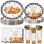 GSQYEJ 350 Pcs Fall Thanksgiving Party Supplies Give Thanks Tableware Set Buffalo Plaids Pumpkin Disposable Oval Plates Cups Napkins Fork Knife Spoon Dinnerware for Autumn Harvest Party(Black White)