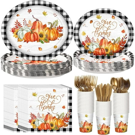 GSQYEJ 350 Pcs Fall Thanksgiving Party Supplies Give Thanks Tableware Set Buffalo Plaids Pumpkin Disposable Oval Plates Cups Napkins Fork Knife Spoon Dinnerware for Autumn Harvest Party(Black White)
