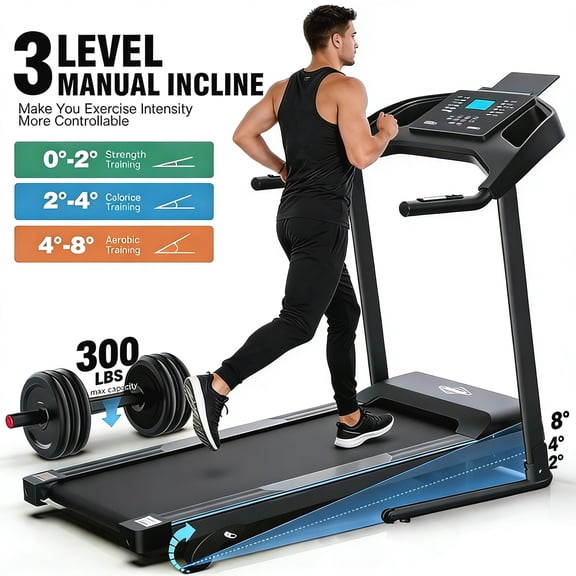 Portable Folding Treadmill with Adjustable Incline,3.0HP Running Machine for Home 0.6-7.5MPH Speed Range,300 lb Capacity,12 3 Programs