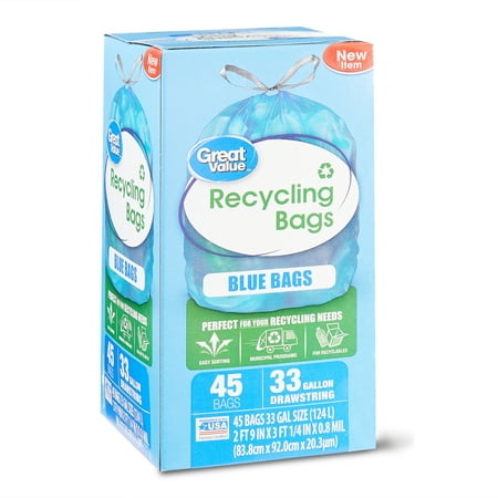 - Great Value Blue Recycling Bags, 33 Gallon, 45 Count