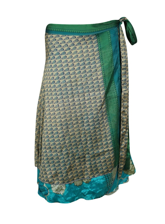 Mogul Women Beige,Blue Wrap Around Skirt 2 Layer Printed Vintage Sari Reversible Beach Wear Wrap Skirts