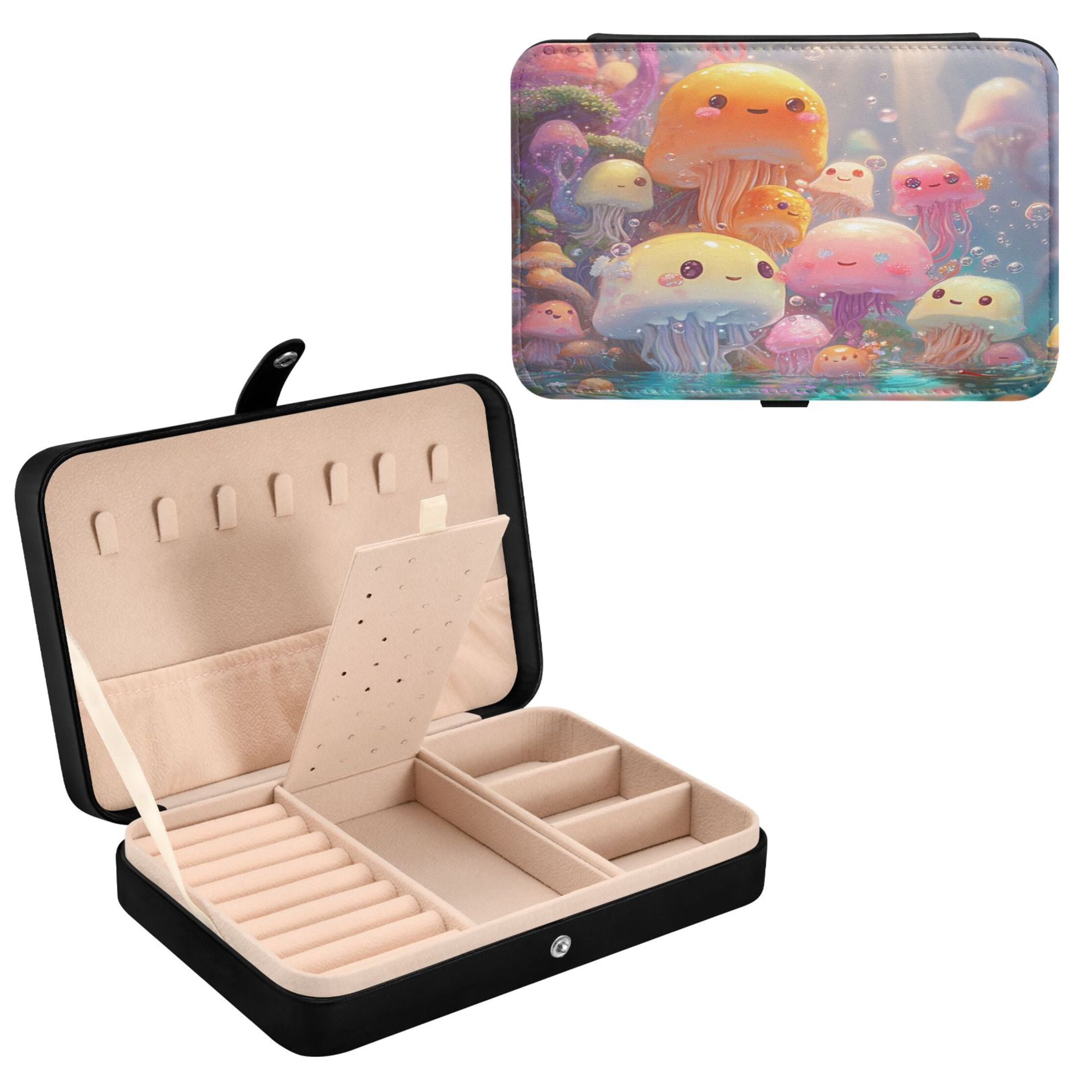 Leather Jewelry Box Rectangular 8.27x5.5x1.78In Travel Jewelry Storage Earrings Necklace Bracelet Watch Brooch Storage Lovely Cartoon Jellyfish