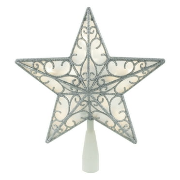 Northlight 9" LED Lighted Silver Glitter Star Christmas Tree Topper, Warm White Lights