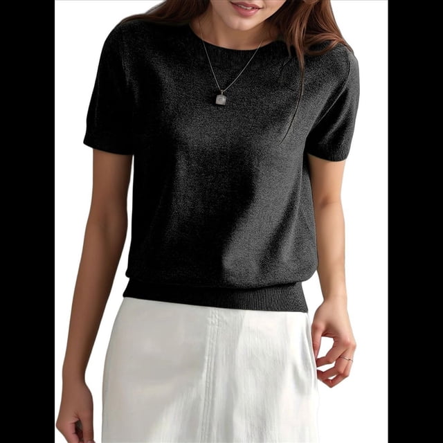 Suéter Holgado de Verano para Mujer, Suave, de Corta y Cuello Redondo, Estilo Informal, Conjuntos de Moda 2025 Negro S