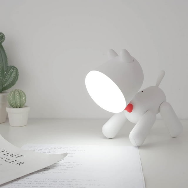 Children Battery Powered Cute Folding Puppy Table Lamp,Creative Bedroom Bedside USB Led Eye Protection Toddler Puppy Reading Night Light for Kids Room Decor,Nursery (White)