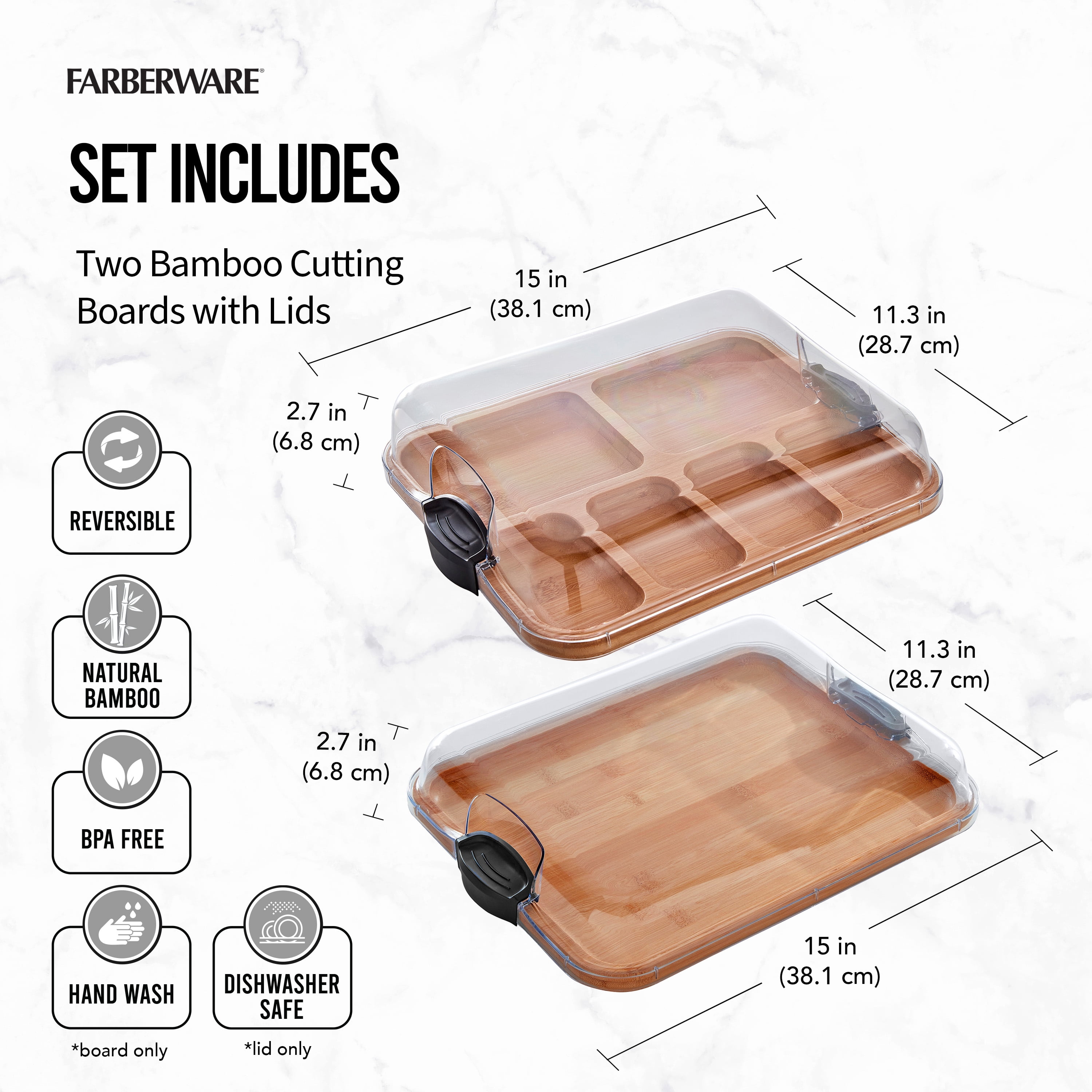 Farberware Build-a-Board 11x14-Inch 2-Piece Bamboo Charcuterie and Snack Board Set with Clear Locking Lids