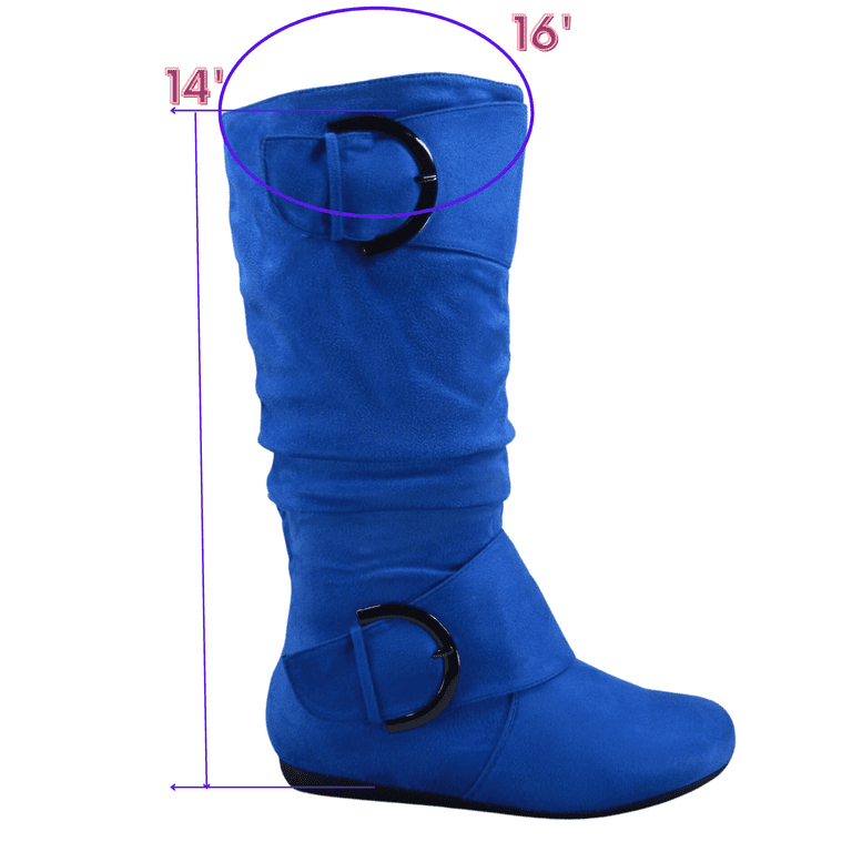 Women's Casual Flat Heel Side Zip Wide Calf Knee High Mid-Calf Boots Shoes  ( Royal Blue, 5.5)