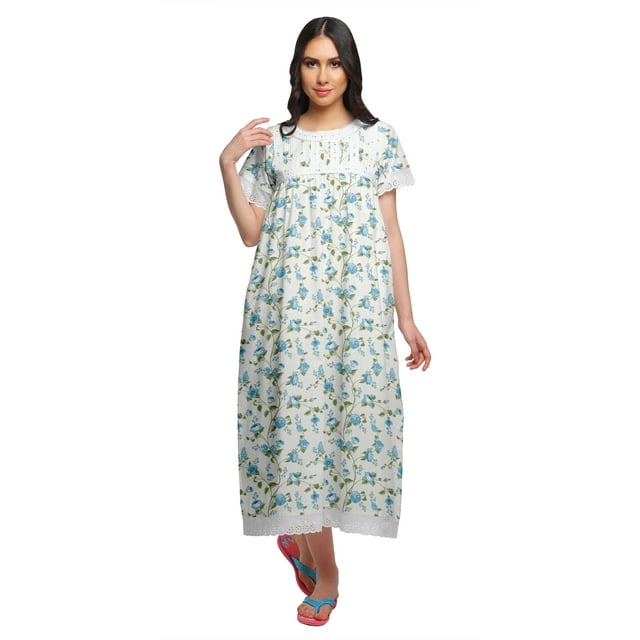 Moomaya Robe de Nuit Maxi pour Femmes en Coton Imprimé à Bordure Volantée