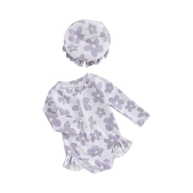 SUNSIOM Maillot de Bain 2 Pcs pour Bébé Fille, Col Rond Imprimé Floral Fermeture Éclair devant Manches Longues + Bonnet de Bain Nœud 3D