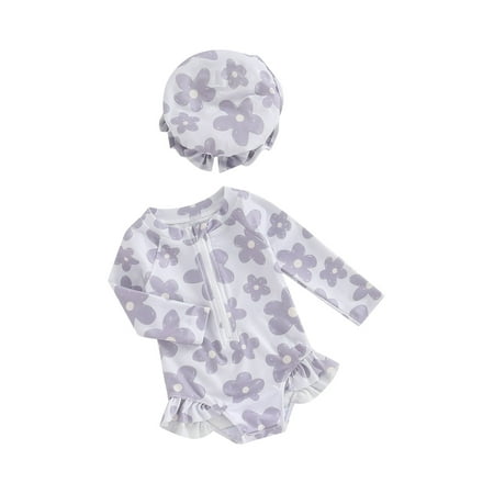 

Toddler Baby Girl 2 Piece Summer Swimsuits Round Neck Floral Print Zip Front Long Sleeve Swimwear+3D Bow Swim Cap Bathing Suit