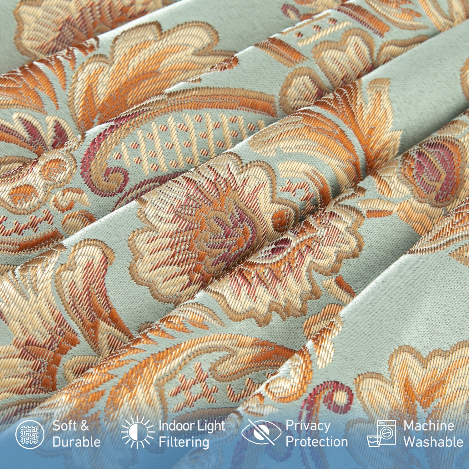 VOGOL Sky Blue Damask Valance, Baroque Swag Curtains with Beaded Trim, 59x43 Inches for Bedroom