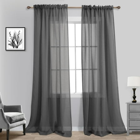 Koufall Dark Grey Curtains For Bedroom Living Room Sheer Linen Look Gray Charcoal Curtains 96 Inches Long 2 Panel Set