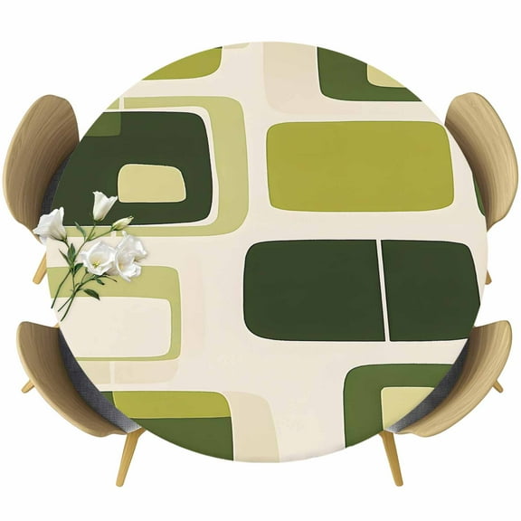 Sage Green Boho Round Tablecloth 55-60 Inch Round Fitted Table Cloth with Elastic Edge, Modern Abstract Geometric Middle Century Waterproof Table Cover Protector for Outdoor Picnic Party Dining