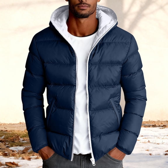 Mens Fall Winter Coats Men's Full Zip Quilted Jackets Solid Color Long Sleeve Hooded Warm Fashion Casual Winter Padded Outwear Coats with Zip Pockets Dark Blue L