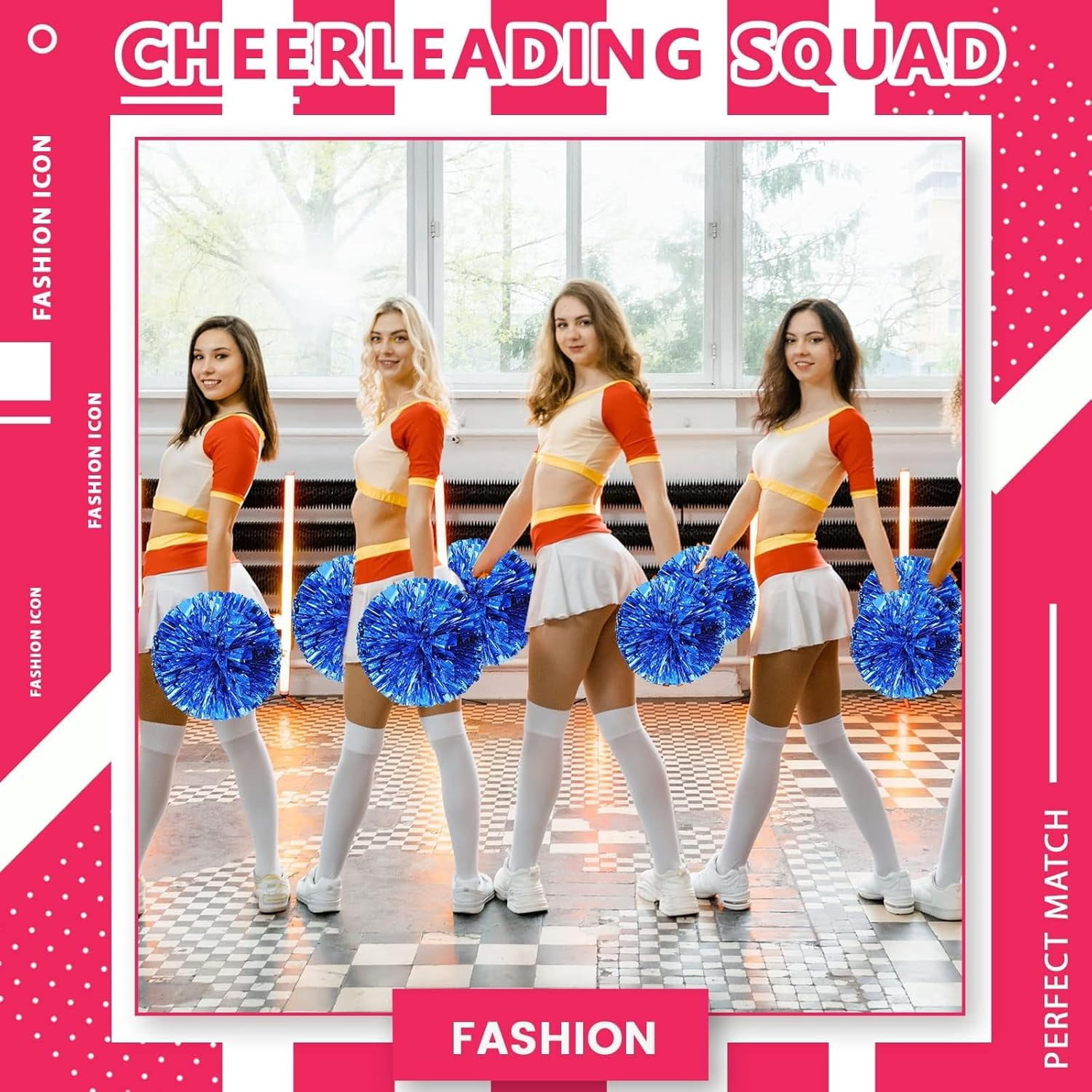 Zhangyh Pom Poms Cheerleading,Fluffy Cheerleader Pompoms with Finger Ring Handle,Metallic Pom Poms Cheerleading for Celebration (Blue, 4 Pack)
