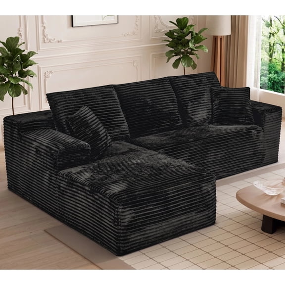 AISWORD 107.5" Corduroy Boneless L Shaped Modular Sectional Sofa with Left Facing Chaise, Deep Seat Compressed Couch with Throw Pillows, No Assembly Required, Black
