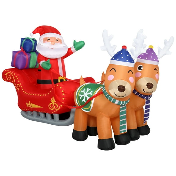 Christmas Inflatables Outdoor Decorations Santa Claus on Sleigh, Blow Up 2 Reindeers Pulling Santa's Sleigh , Built in LED Lights for Christmas Party Decor, Yard, Garden Lawn