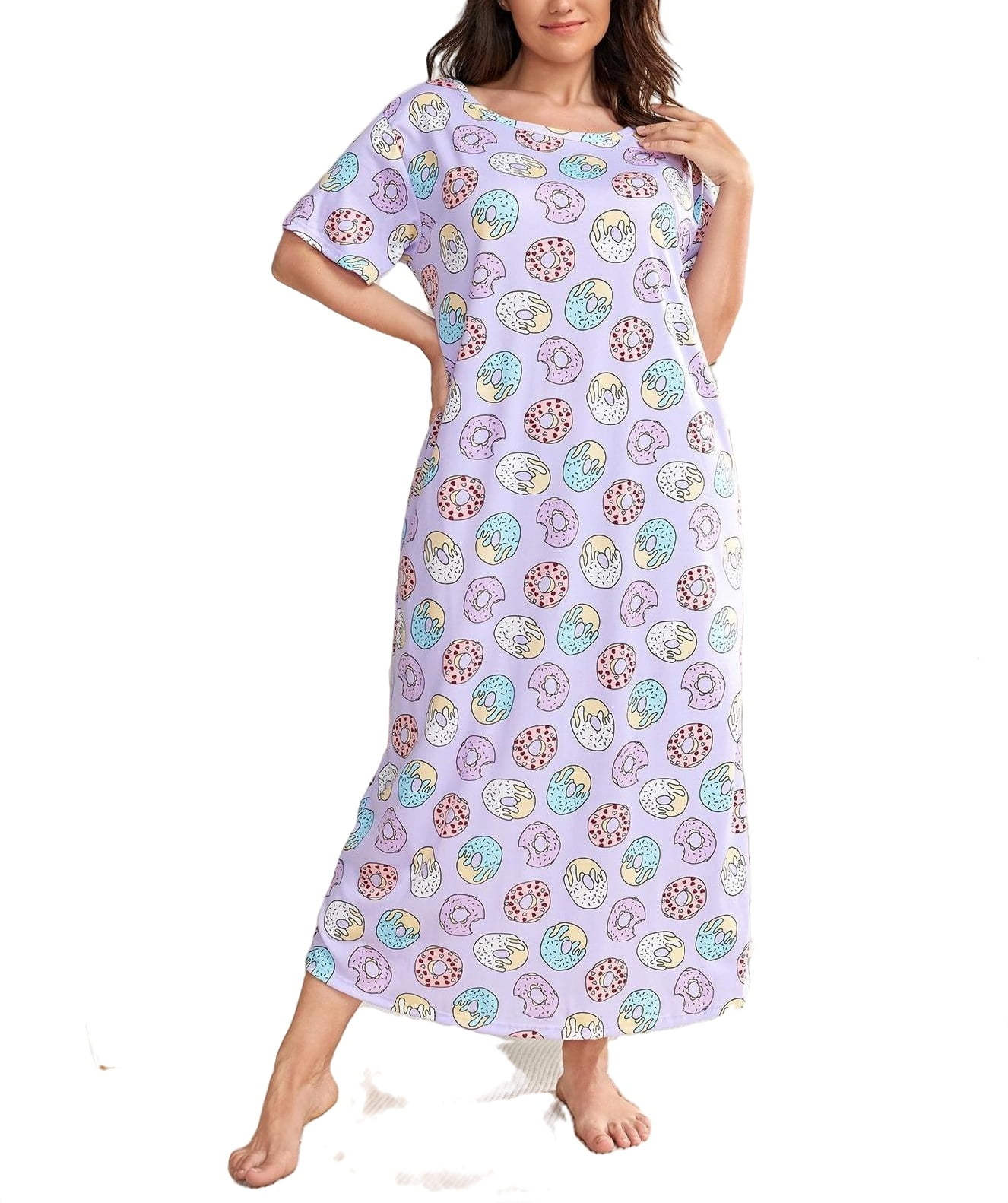Cute All Over Print Round Neck Sleepshirts Lilac Purple Short Sleeve ...