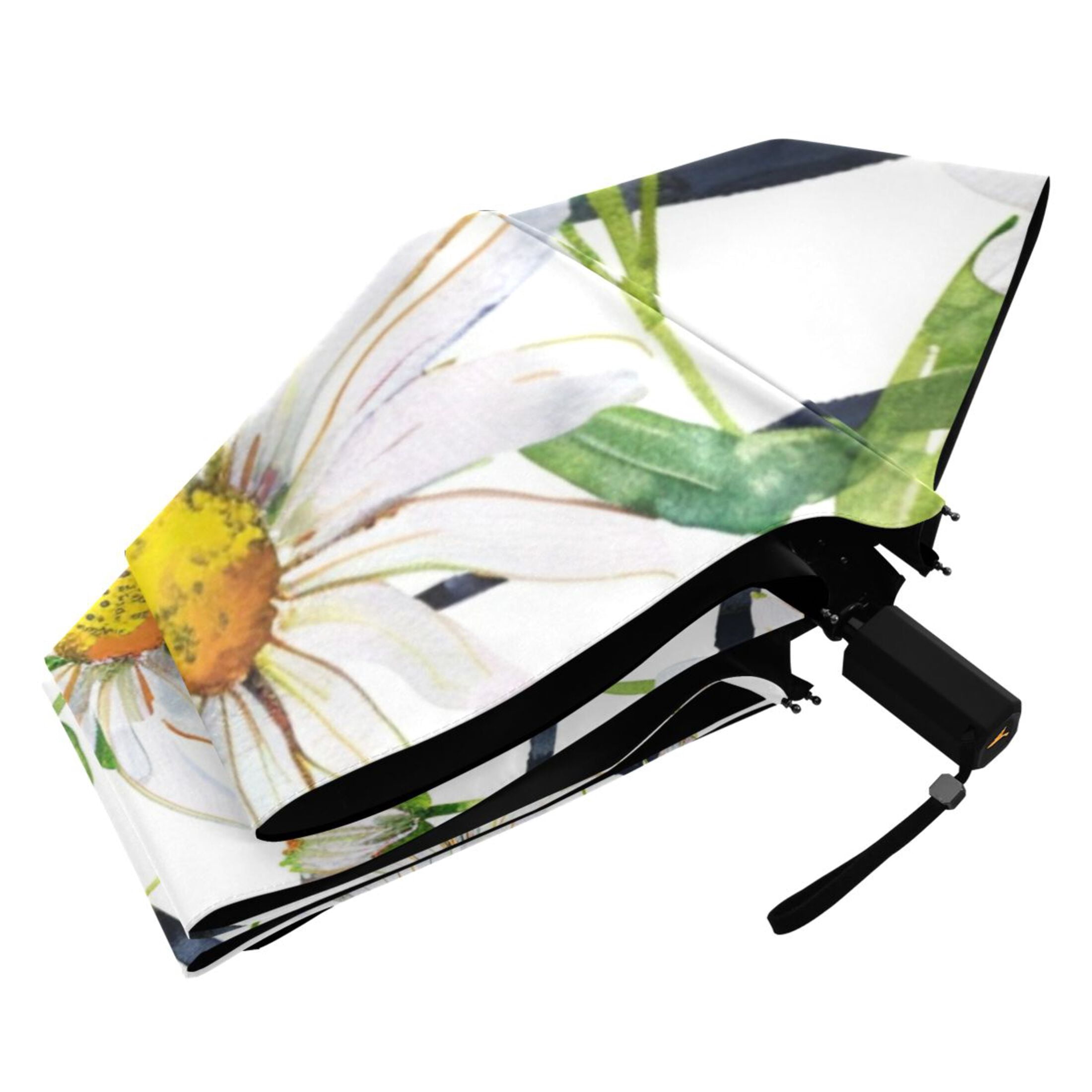 Daisy Flower on Black White Stripes Compact Sun Umbrella Windproof Travel Umbrellas for Rain Strong Portable UV Protection