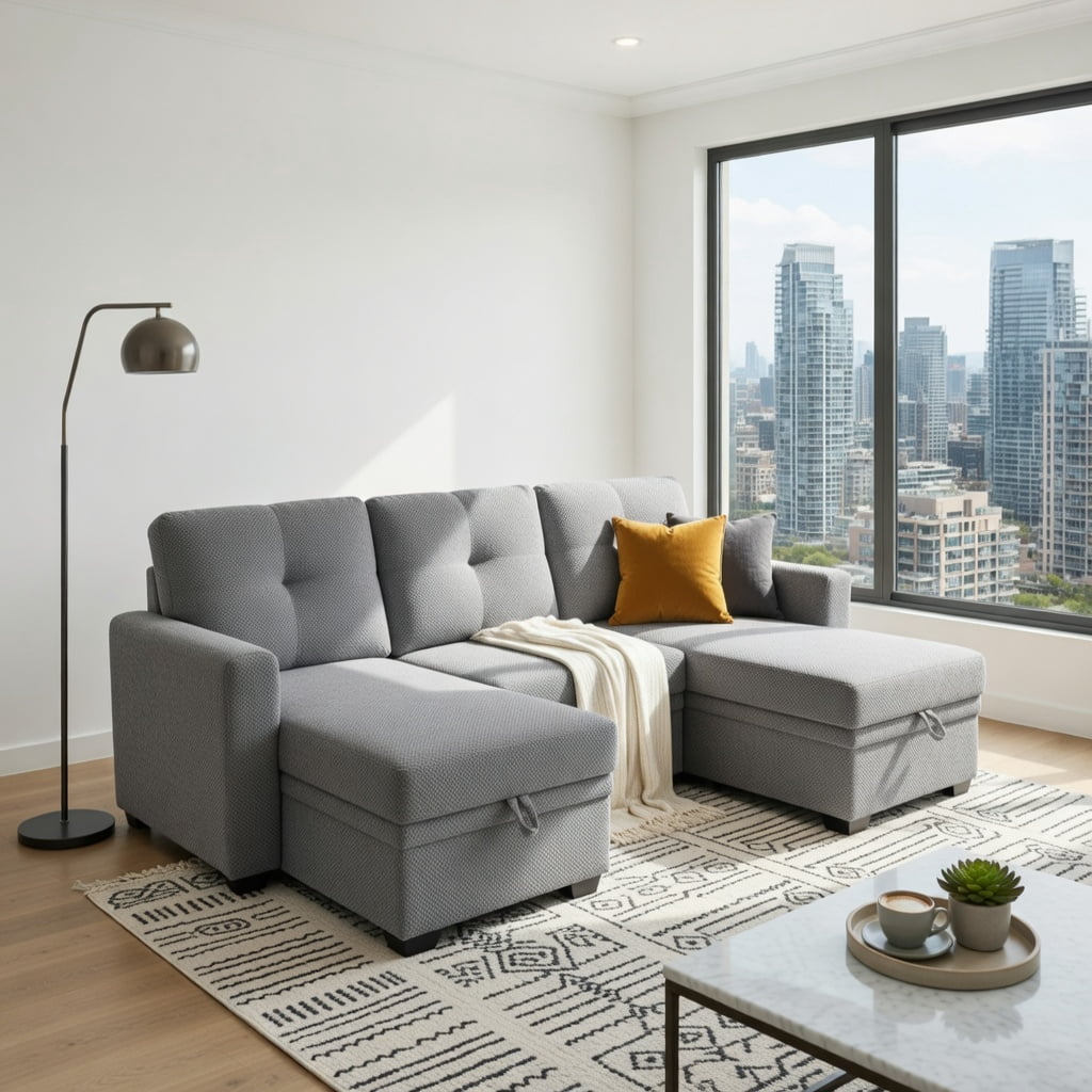 Hommoo Mid-Century Modern L-Shaped Sleeper Sectional Sofa with Pull-Out Bed, Reversible Chaise & Hidden Storage, Convertible Living Room Furniture for Small Spaces, Light Gray