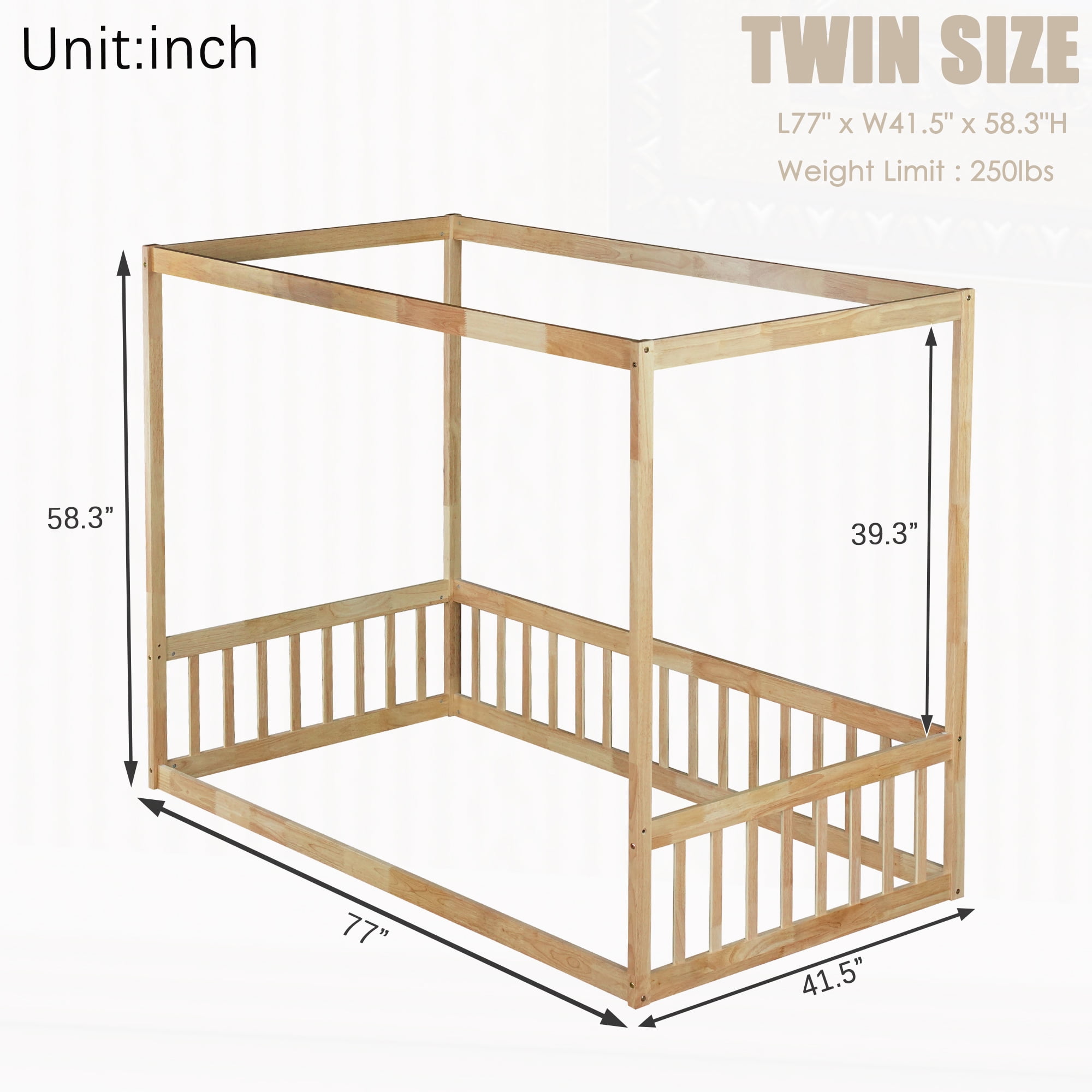 Alvantor Twin Size Floor Bed with Canopy Fence Guardrails for Kids Children Toddler Girls Boys, Natural