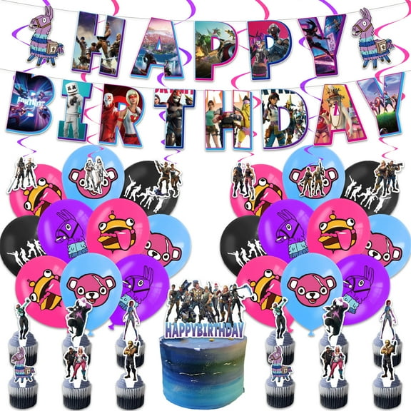 Play Fortnite Themed Birthday Party Decoration Set, 36pc Includes Banner, Cake Toppers, Balloons, and Cupcake Decorations.