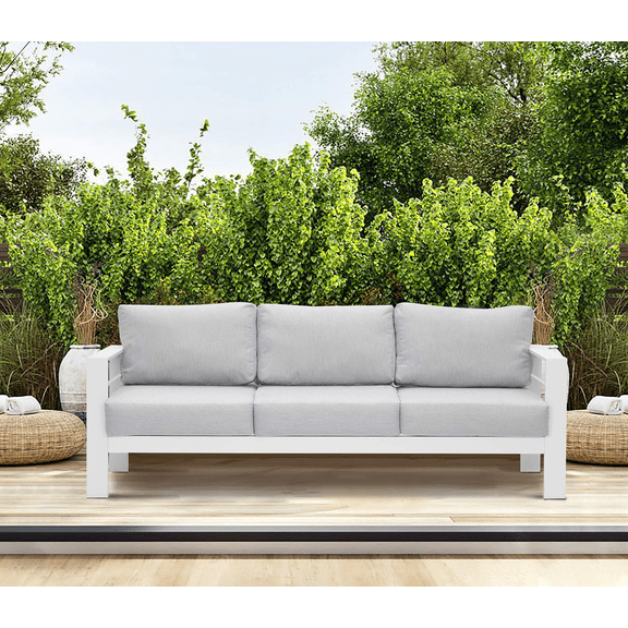 CozyHom 3 Seats Outdoor Patio Aluminum Sofa Furniture, Outside Metal Couch White Metal Chair With Light Gray Cushions, White