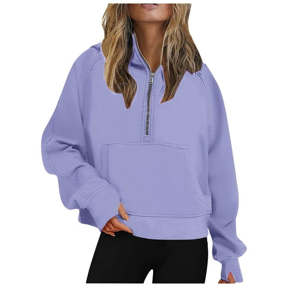 1/4 Zip Pullover Women Winter Fall Loose Fit Hooded Long Sleeve Bubble Cold Shoulder with Pocket Solid Color Hoodie Polyester Sweatshirts Hoodies(Light Purple,S)