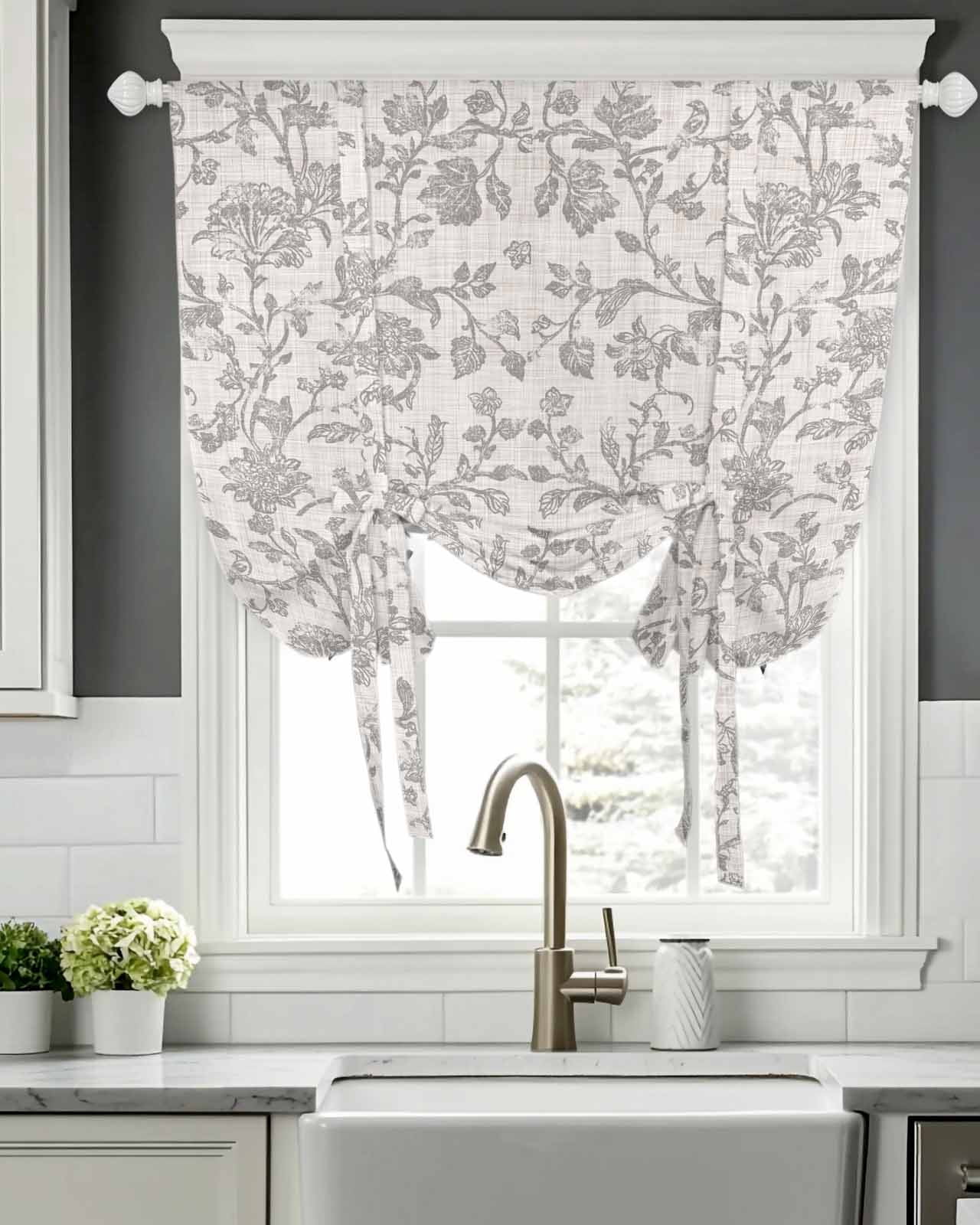 Farmhouse Flower Tie Up Curtains for Window, Thermal Insulated Balloon Shade Adjustable Rod Pocket Curtains Valance Panels for Kitchen Bathroom Cafe 52 x 45 Botanical Vintage Grey Leaf Plant