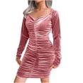 thumbnail image 2 of OSFVNOXV Velvet Mini Dress for Women Long Sleeve Ruched Bodycon Sweetheart Neck Flared Wrap Office Work Dress, 2 of 5
