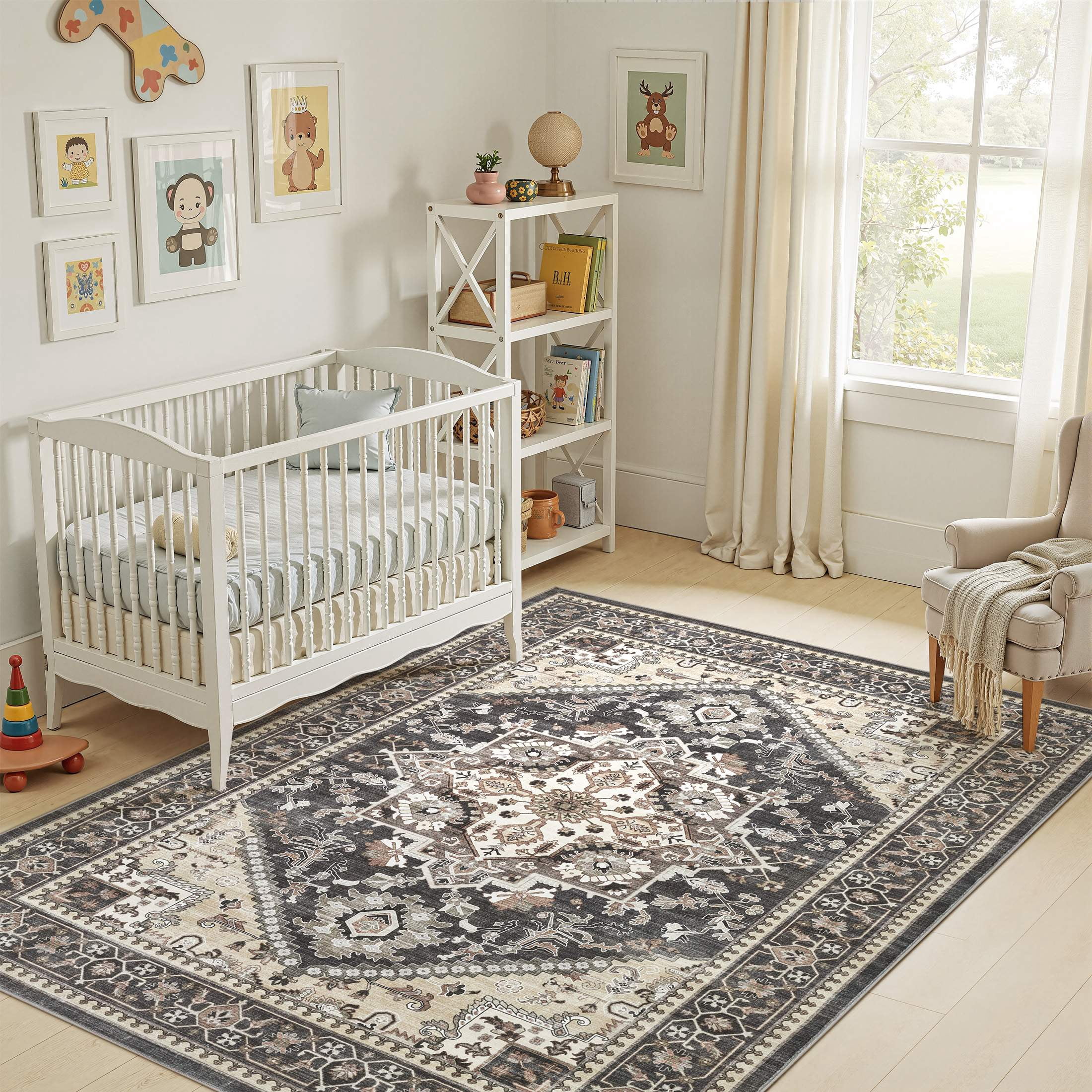 UERMEI Vintage 5'x7' Area Rugs for Living Room, Non-slip Washable Indoor Retro Rug for Bedroom Dining Room Office, Soft Low Pile Floral Rug Home Decor Carpet, Black&Beige