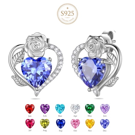 Beautlace 925 Sterling Silver Rose Heart Birthstone Earrings,December Birthstone Rose Flower Heart Earrings Studs Jewelry Gifts for Women
