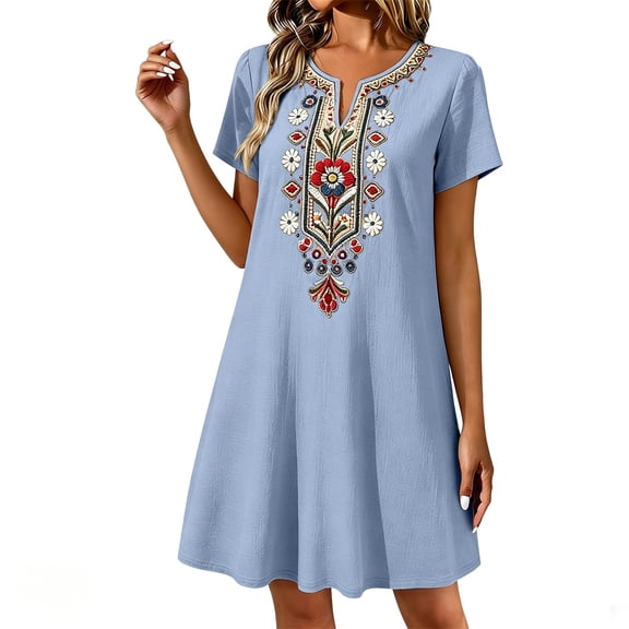 Puliio Midi Dresses for Women, Short Sleeve V Neck Floral Embroidery Loose Casual Summer Dress