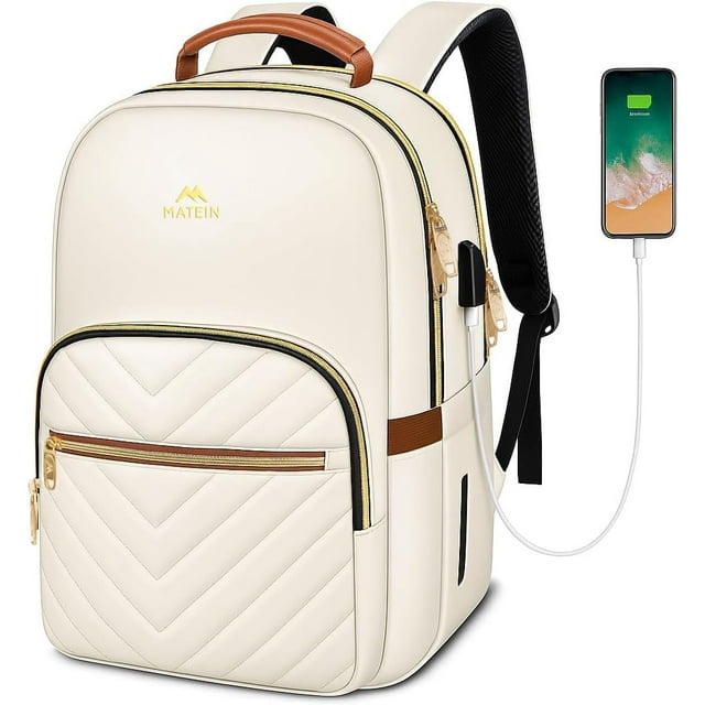 Mochila MATEIN con puerto USB acolchado delgado de 15,6 pulgadas, color beige
