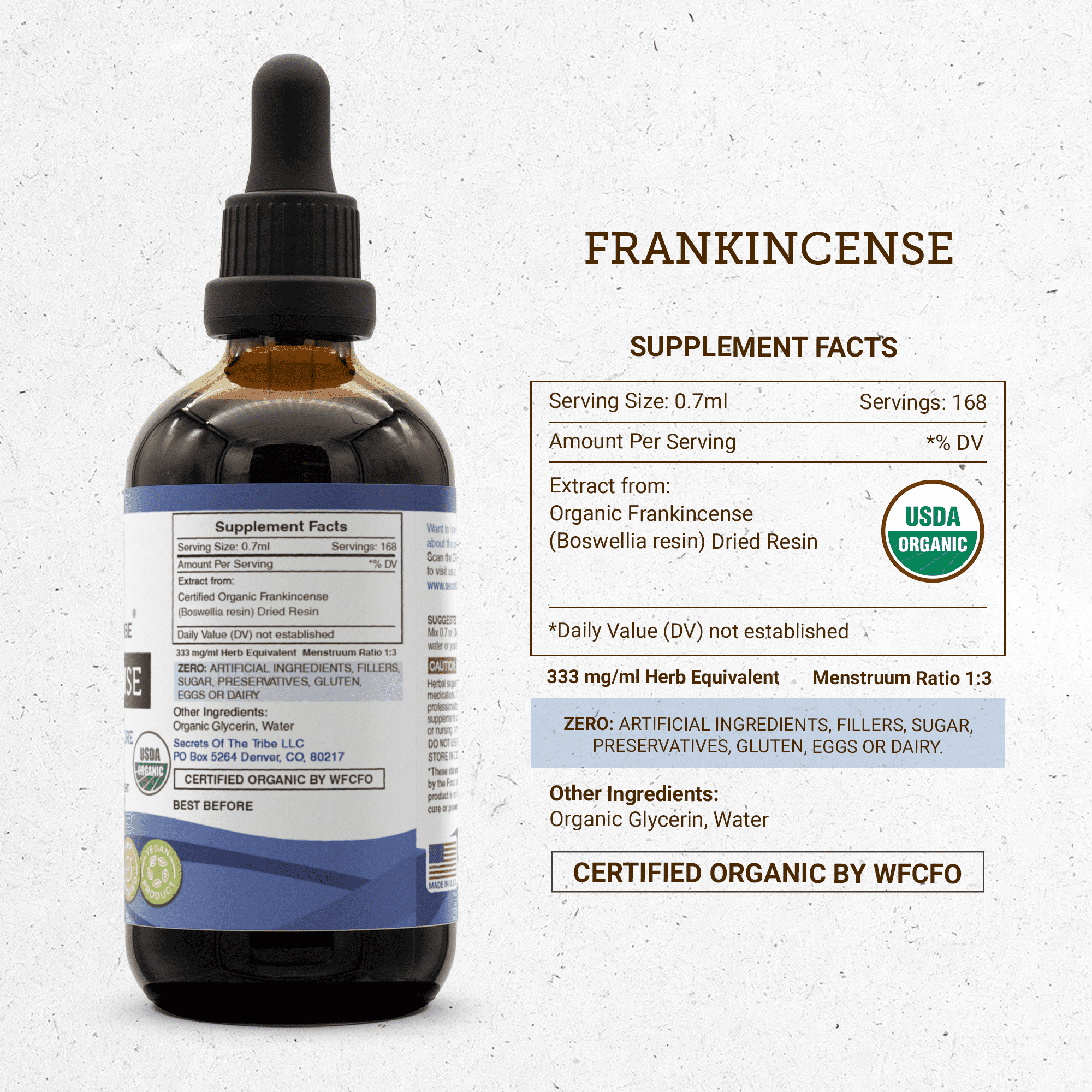 Secrets Of The Tribe Frankincense Organic Dietary Supplement, Natural Herbal Tincture for Immune Support, Certified Organic Frankincense (Boswellia resin) Dried Resin, Alcohol-Free Extract Drops 4 oz