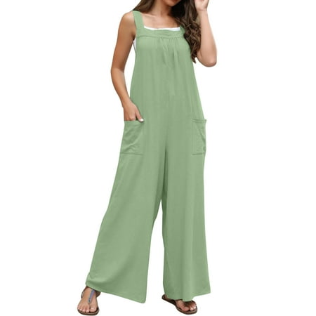 

RUIKAR Women s Sleeveless Overalls Jumpsuit Casual Solid Summer Wide Leg Bib Pants Bottons Jumpsuit Romper with Button Pockets Solid Color Button Long Sleeveless Casual Jumpsuit for Women Mint Green S