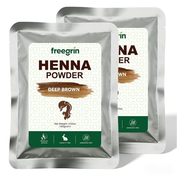 FREEGRIN Natural Deep Brown Henna Hair Powder, Ammonia Free Plant Based Hair Color, Rich Brown Tone for Daily Hair Styling (2 Pack, 200g Total)