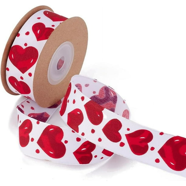 Cinta de satén de poliéster de una sola cara con estampado de corazón rojo y blanco de 10 yardas y 1 pulgada, rollos con carrete