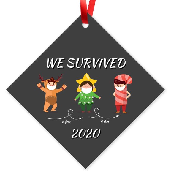 Soul Décor 2020 Christmas Ornament Quarantine, We Survived 2020 Ornament, Large 3.75" Diamond Metal Ornament, Velvet Pouch Included
