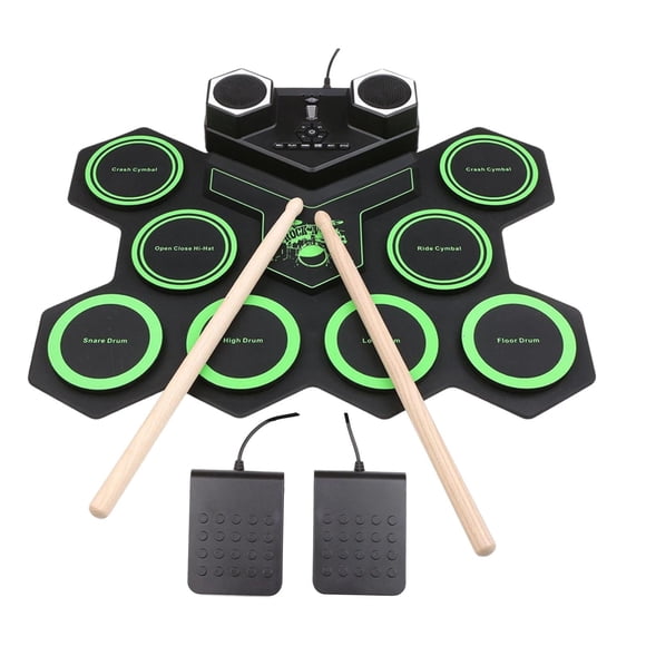 Almohadilla de batería electrónica enrollable que incluye Pedal y baquetas, almohadilla de batería Digital portátil para niños y niñas Verde