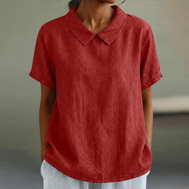 Uootdi Womens Tops Short Sleeve Collared Neckline Loose Fit Beach Stroll Casual Everyday Tees Gift