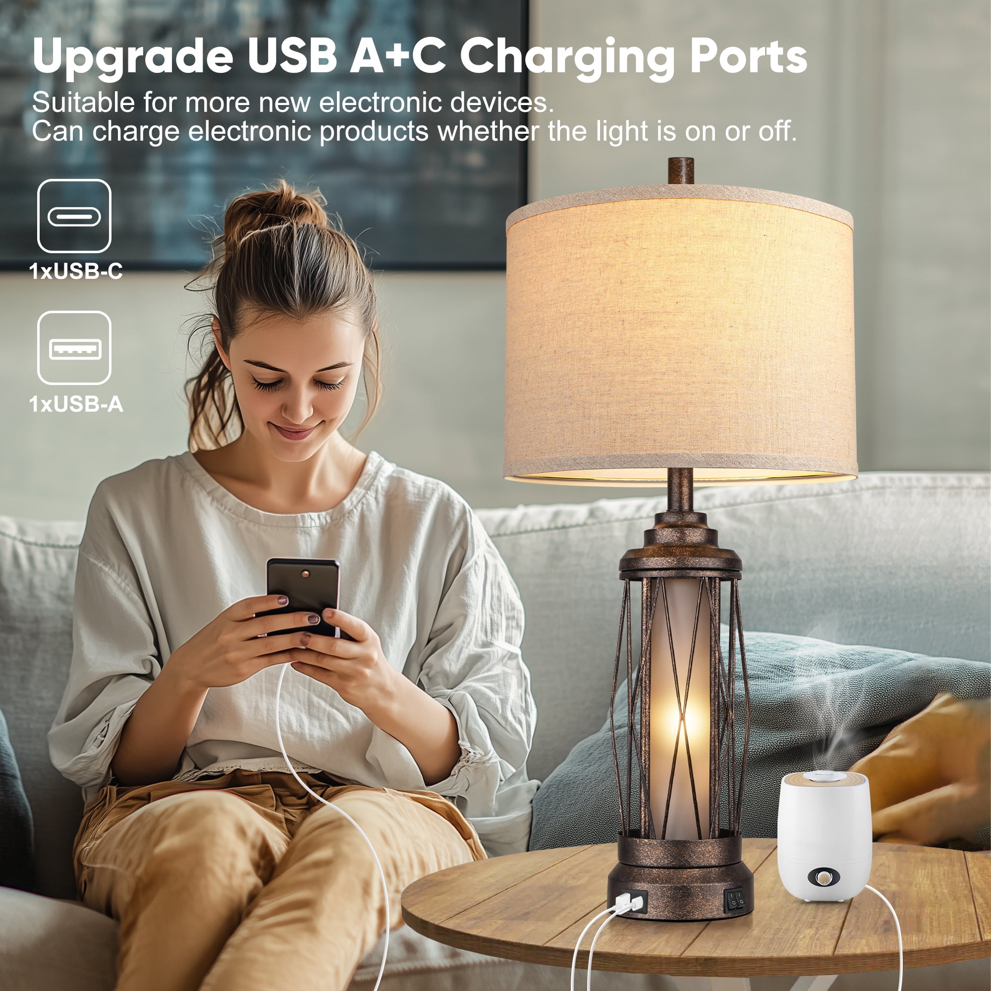 Farmhouse Table Lamps for Living Room, Rustic Nightstand Lamp for Bedroom with USB C+A Charging Ports, Built-in Frosted Glass Night Light for Entryway End Table, 4 Bulbs Included, Bronze