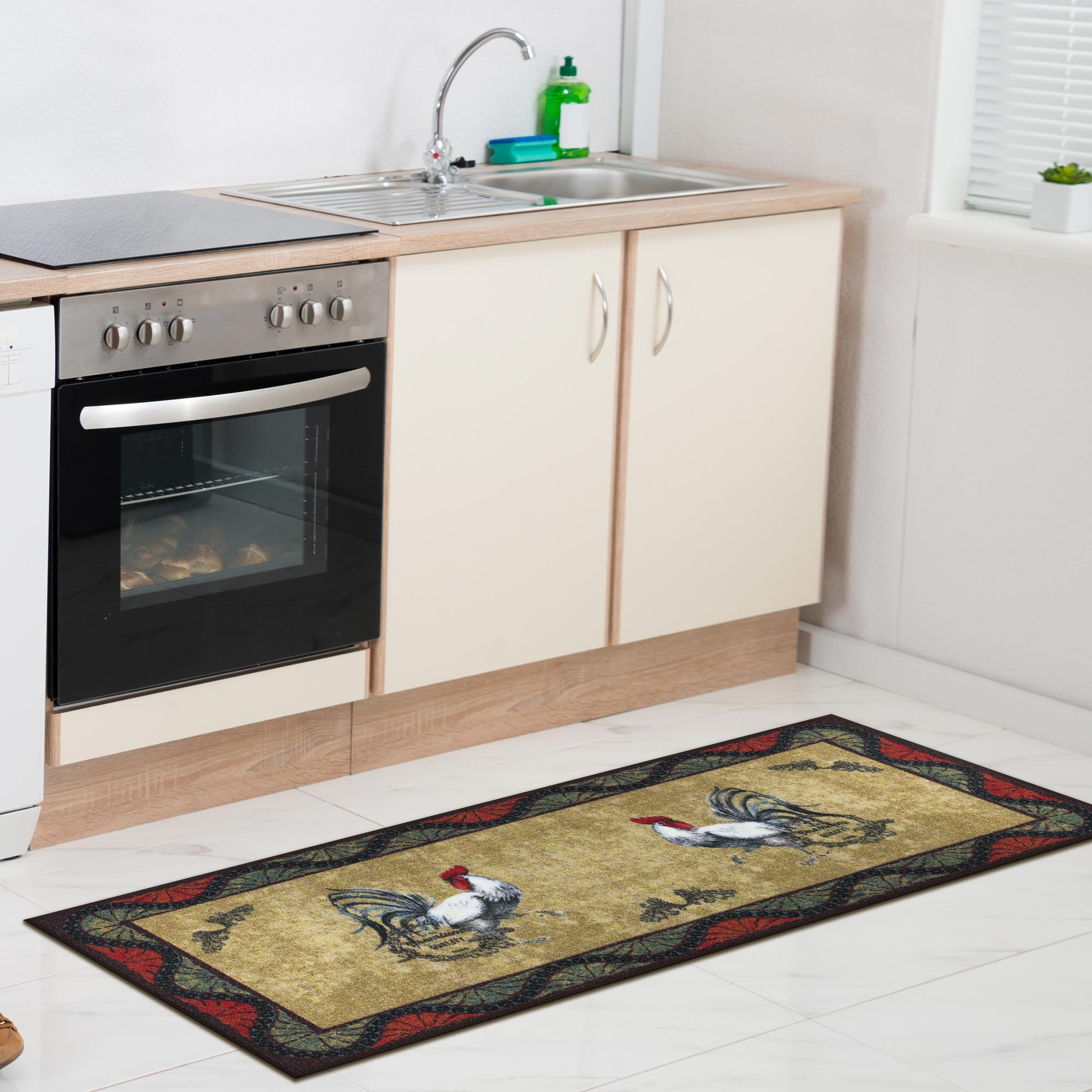Ottomanson Machine Washable Non-Slip Rubberback Rooster 2x5 Kitchen Runner Rug, 20" x 59", Beige Wavy