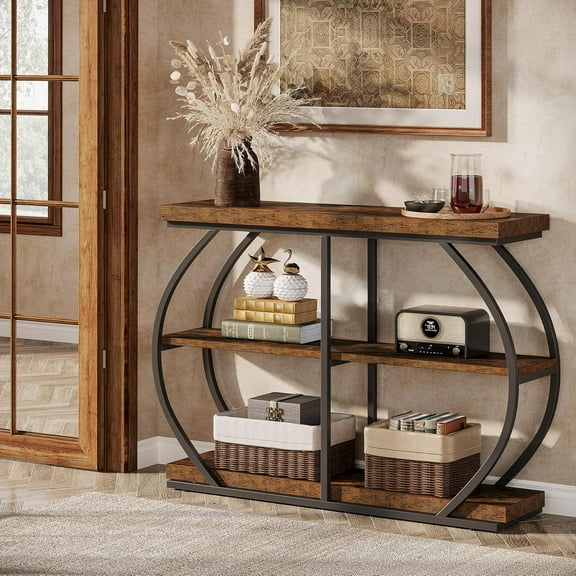 Tribesigns 41.3" Industrial Console Table: 3-Tier, Arched Metal Frame, Entryway Table with Storage Shelves, Rustic Brown & Black