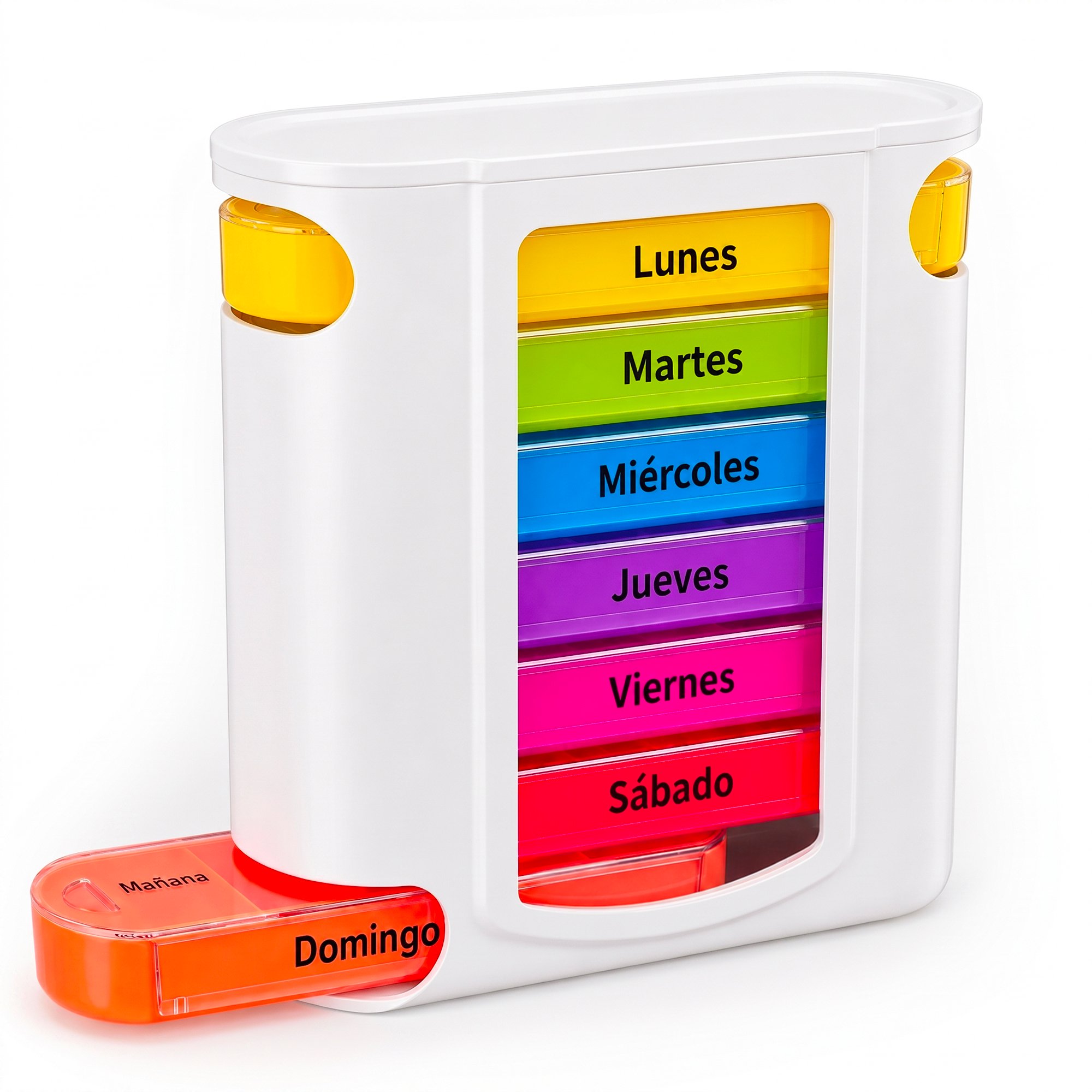 MEDca 7 Day Pill Organizer AM PM, Spanish Labels, 14 Compartments, BPA Free, White