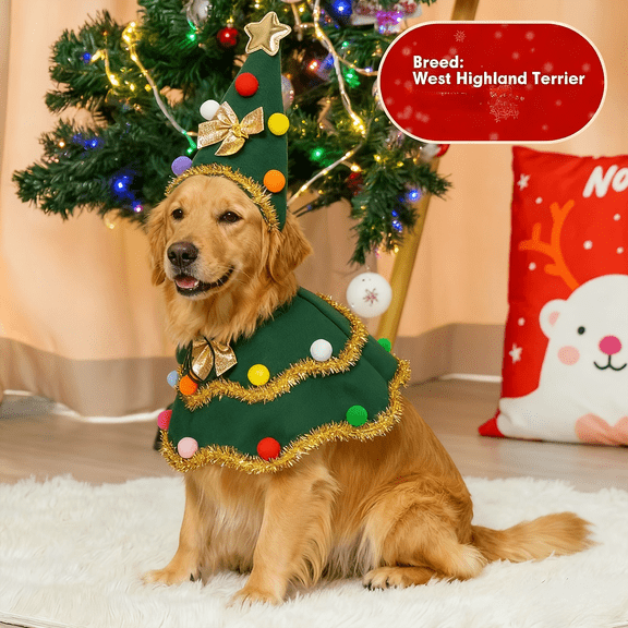 Dog Christmas Outfit with Festive Tree Design and Gold Tinsel Trim, 2-Piece Set, Green, for Small to Medium Dogs,