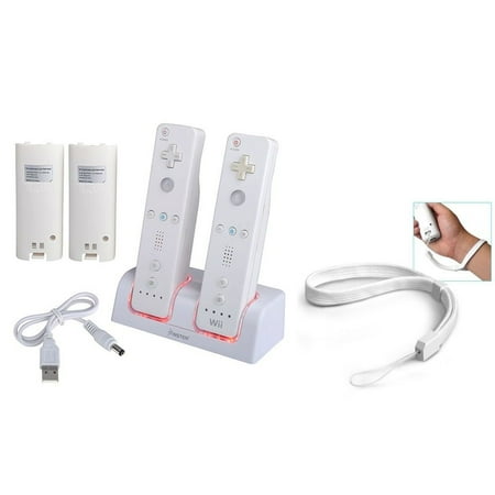 Wii Battery Pack Nyko 2 Pack 2800 Battery Packs + Dual Remote Charger Station + Wrist Strap for Nintendo Wii / Wii U Controller (3-in-1 Accessory Bundle) ()